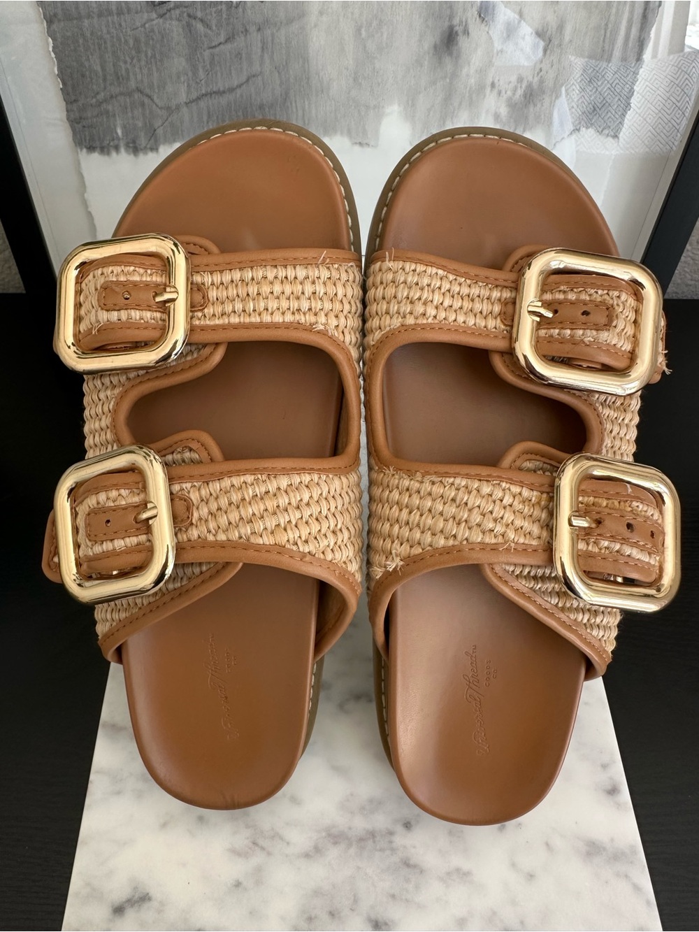 Universal Thread Tan Woven Double-Buckle Slide Sandals